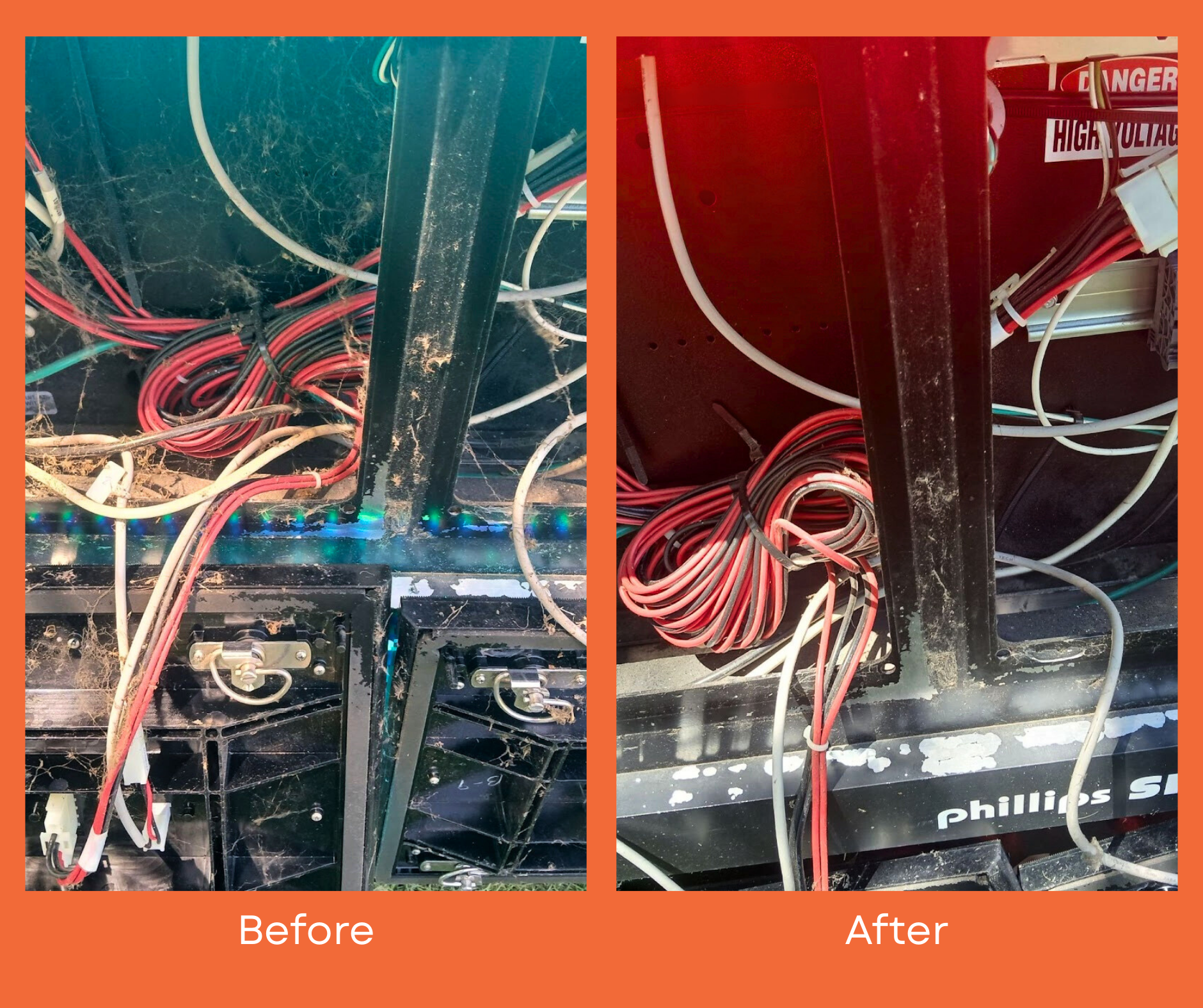 Before and after photos of EMC sign interior wiring and vent cleanup performed by Phillips Sign & Lighting